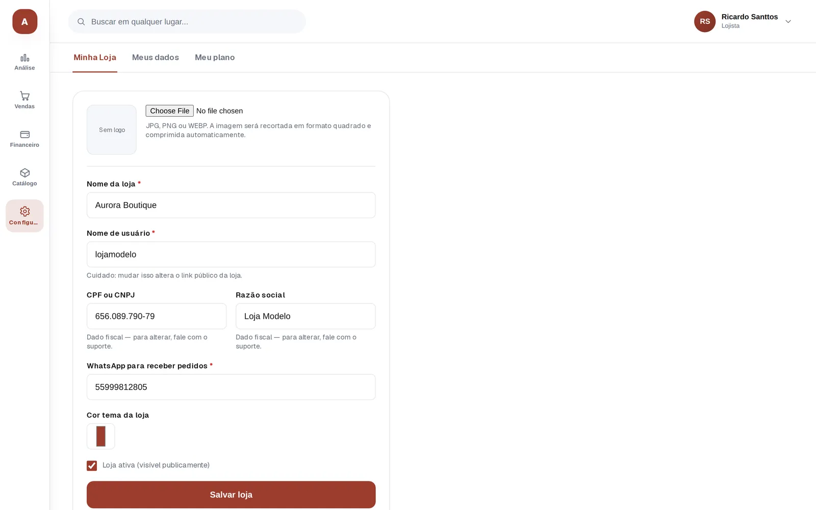 Tela de configuração da loja no painel da Lojas Unidas
